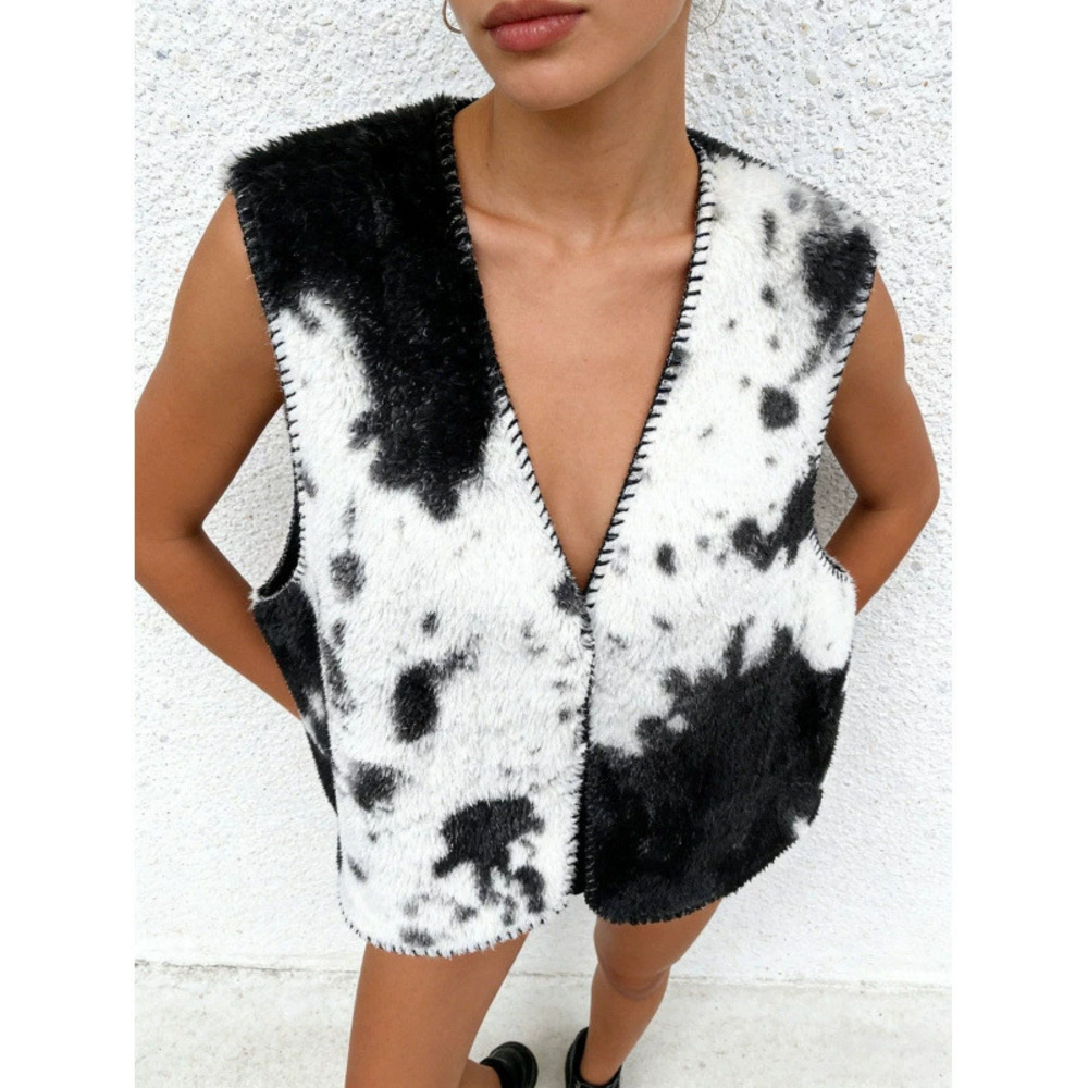 ZARA Cow Print Furry Vest Women Sleeveless Spring Autumn Fashion Layering